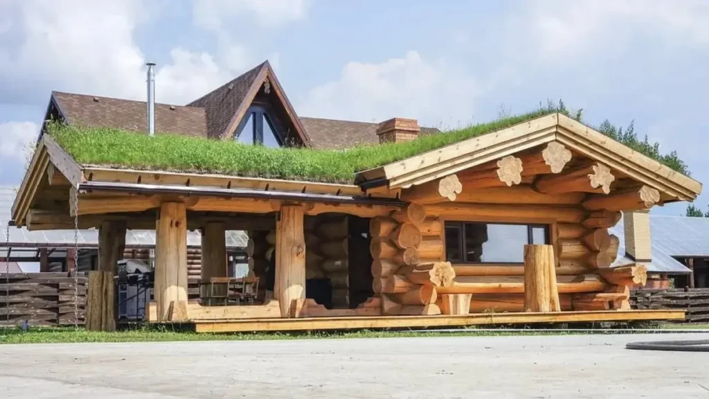 60 Charming Small Log Cabin Ideas to Inspire Your Rustic Retreat 5 A small log cabin idea with a green living roof and a large covered porch made of thick logs.