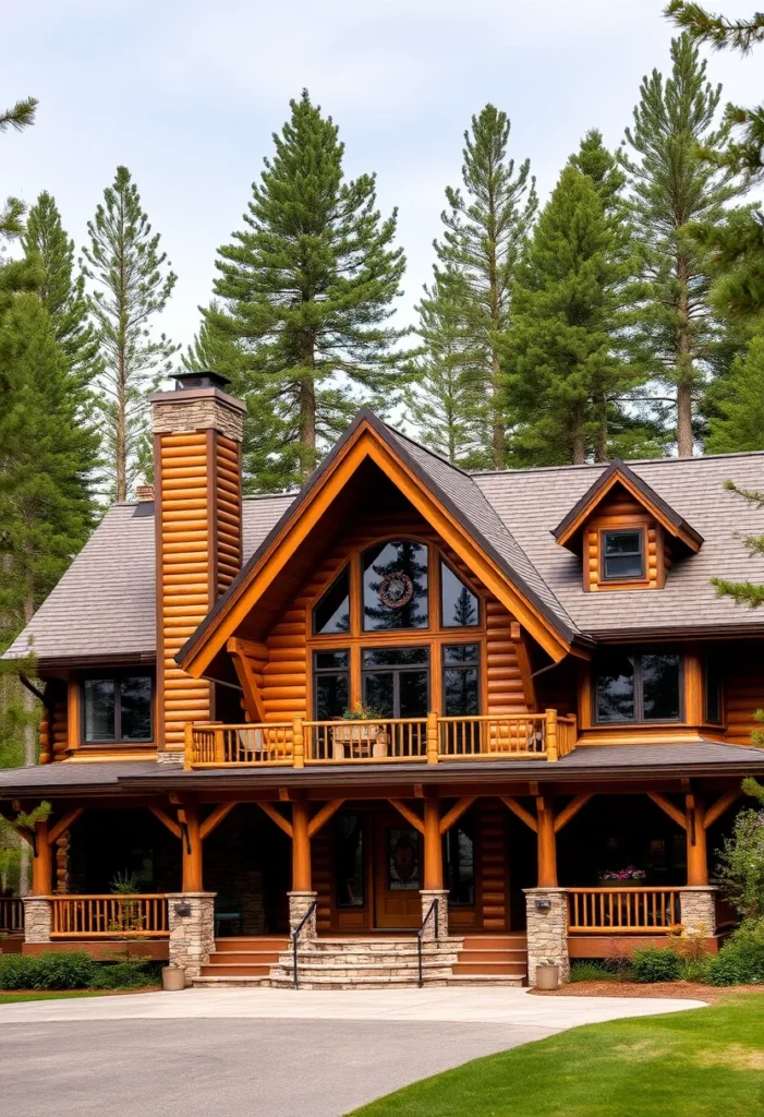 Log home with porch and balcony in forest