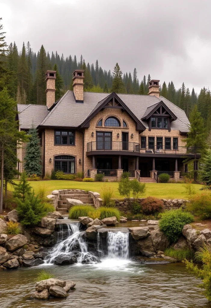 A large brick and stone mountain home with a waterfall flowing into a stream, surrounded by trees.