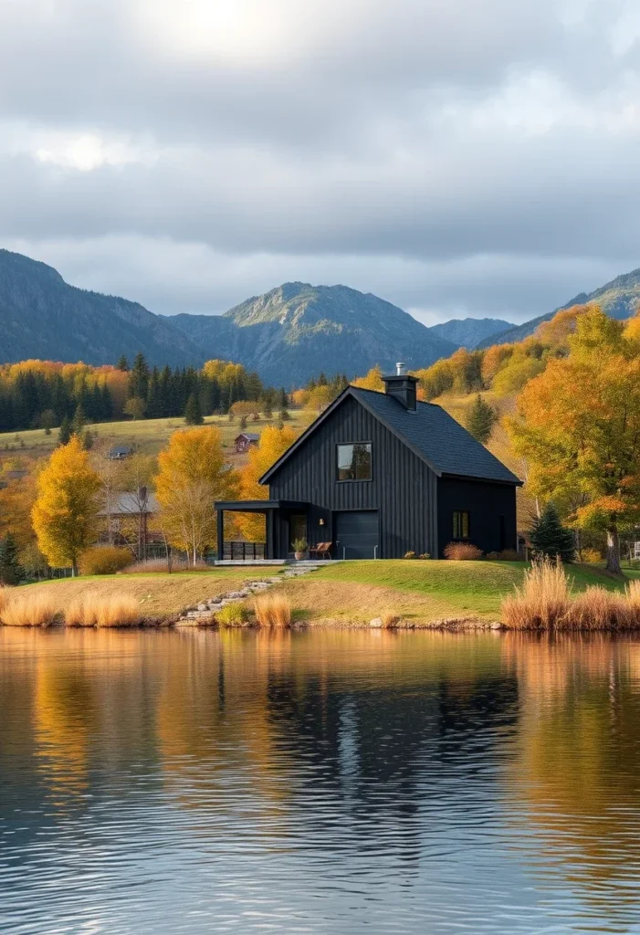 Black house design by the river with snow, surrounded by winter scenery and mountains in the background.