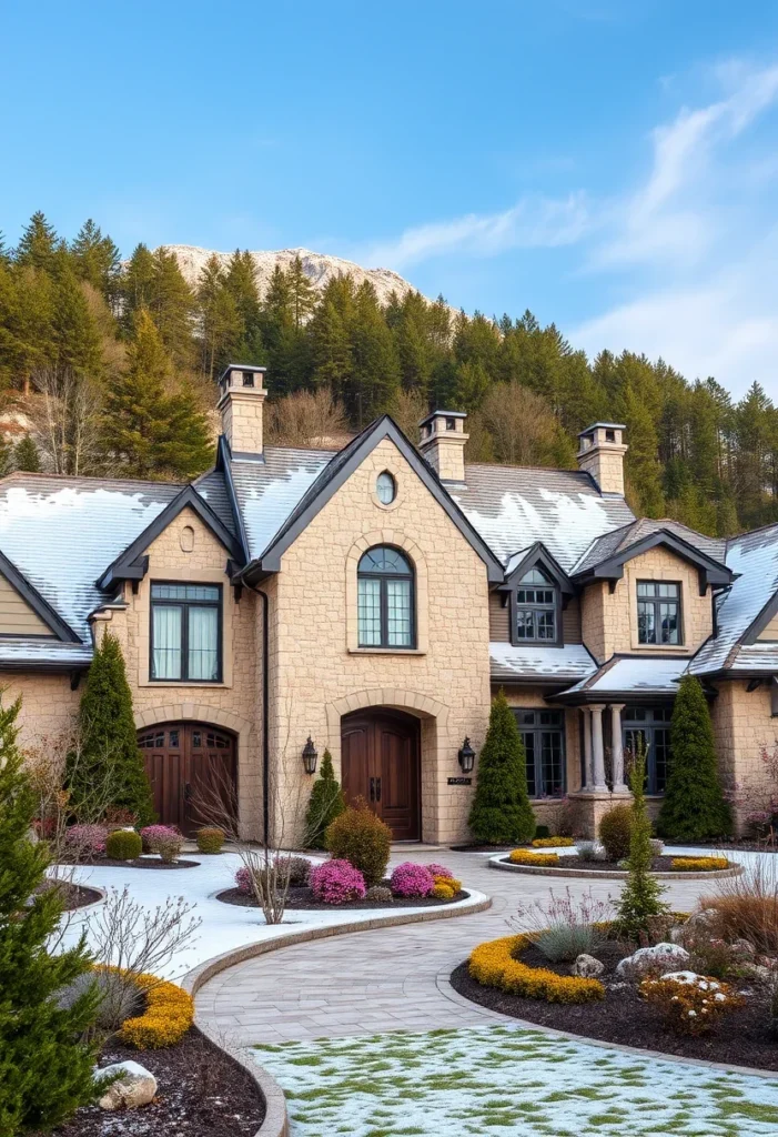 The home is surrounded by snow, with vibrant pink and yellow flowers in the garden. The crisp winter setting contrasts against the evergreen trees and the home’s stone facade, creating a serene and inviting winter scene.