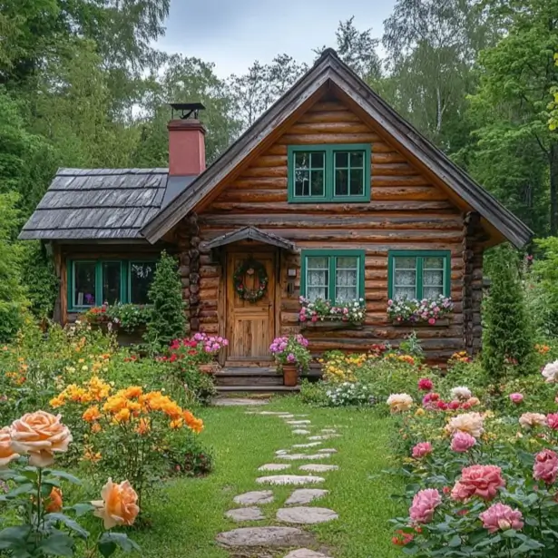 Small Log Cabins: 36 Ideas for Cozy Living & Enduring Charm 33 A small log cabin with bright green trim, nestled in a lush and colorful cottage flower garden.