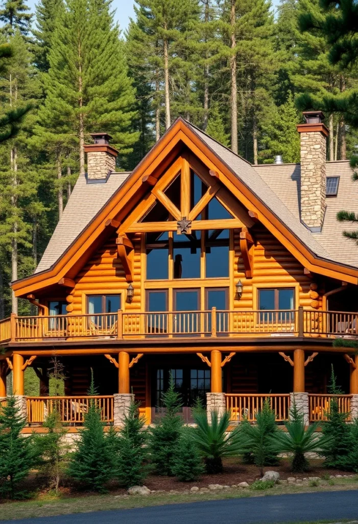 Log home with balcony in sunny forest