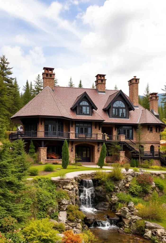  A large brick and stone mountain home with multiple chimneys and a waterfall flowing into a stream, surrounded by greenery.