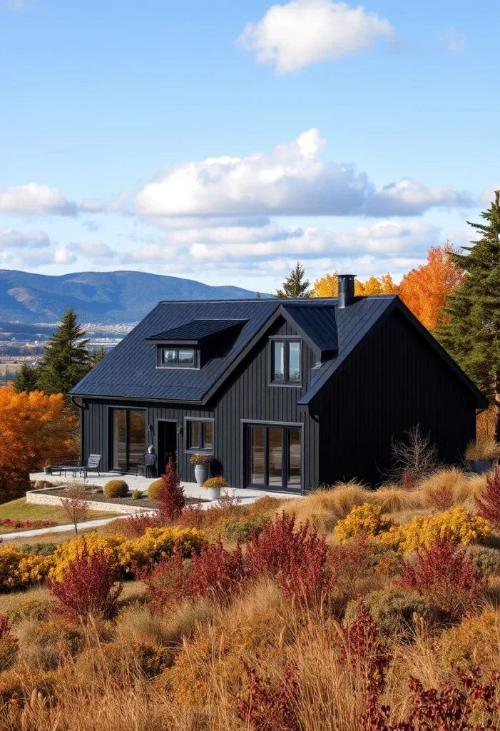 Black house design on the lakeshore with autumn-colored trees and mountain views in the background.