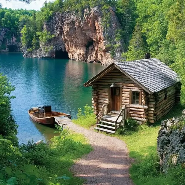 Small Log Cabins: 36 Ideas for Cozy Living & Enduring Charm 34 A small rustic log cabin on a lake shore with a wooden boat tied to a small dock.