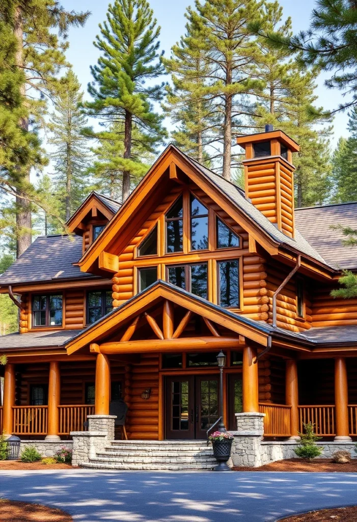 Log home entrance with stone pillars