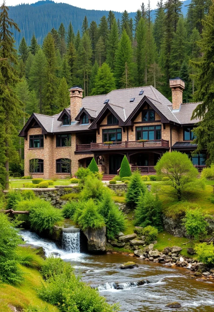 A large brick and stone mountain home with a waterfall flowing into a rocky stream, surrounded by a dense forest.