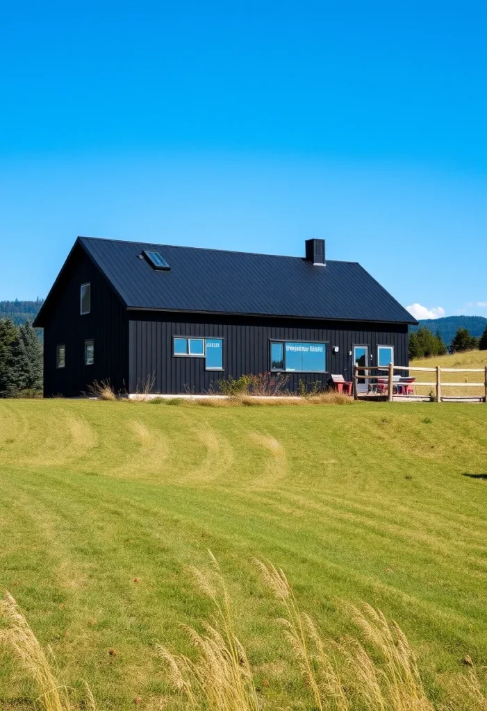 Modern black house design surrounded by autumn foliage with vibrant red, orange, and yellow leaves and distant mountains.