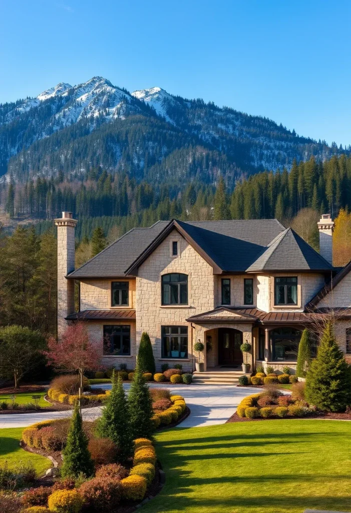 A beautiful stone home with a lush garden and winding path, set against a breathtaking mountain backdrop of snow-capped peaks and evergreen trees, showcasing natural beauty and elegance.