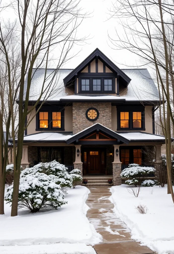 Rustic Craftsman house with stone chimney