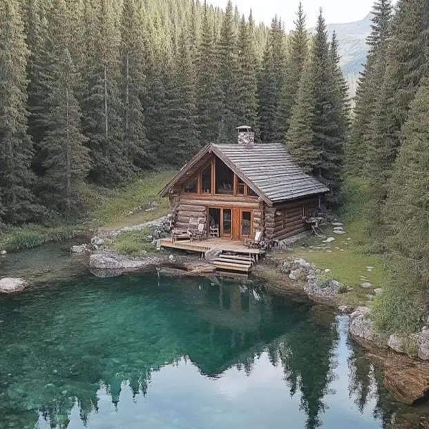 Small Log Cabins: 36 Ideas for Cozy Living & Enduring Charm 35 A small rustic log cabin with a deck on the edge of a crystal-clear turquoise lake in a pine forest.