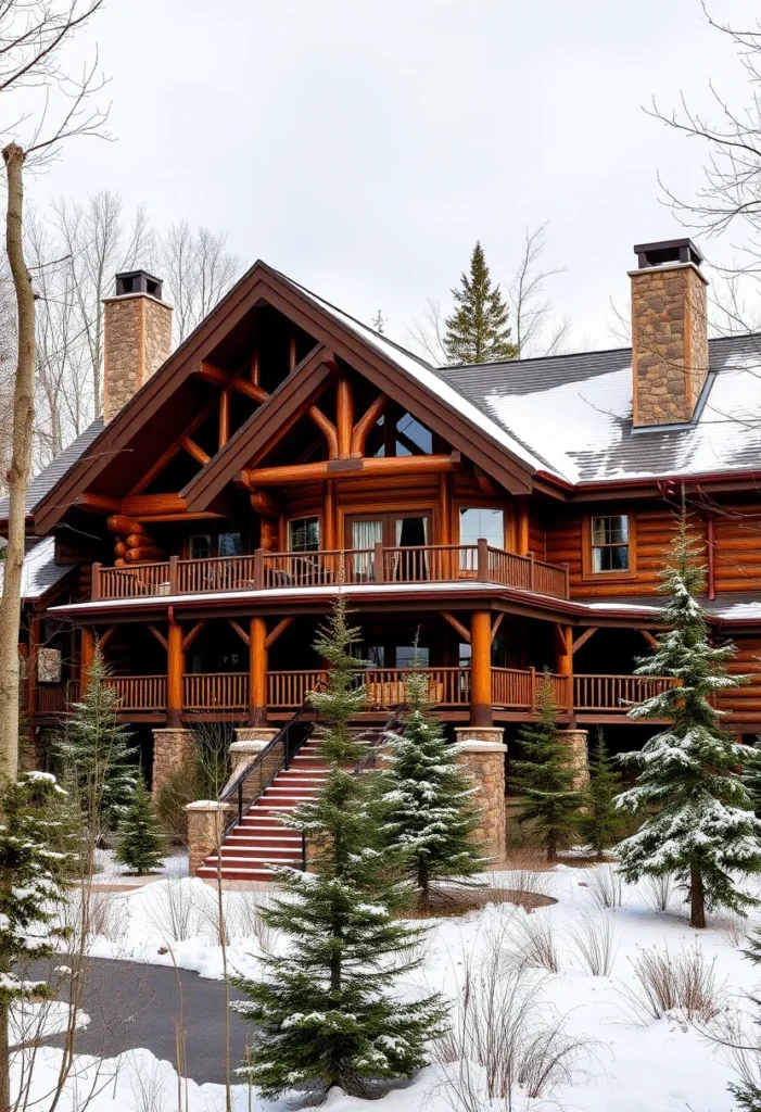 Log home in winter snow