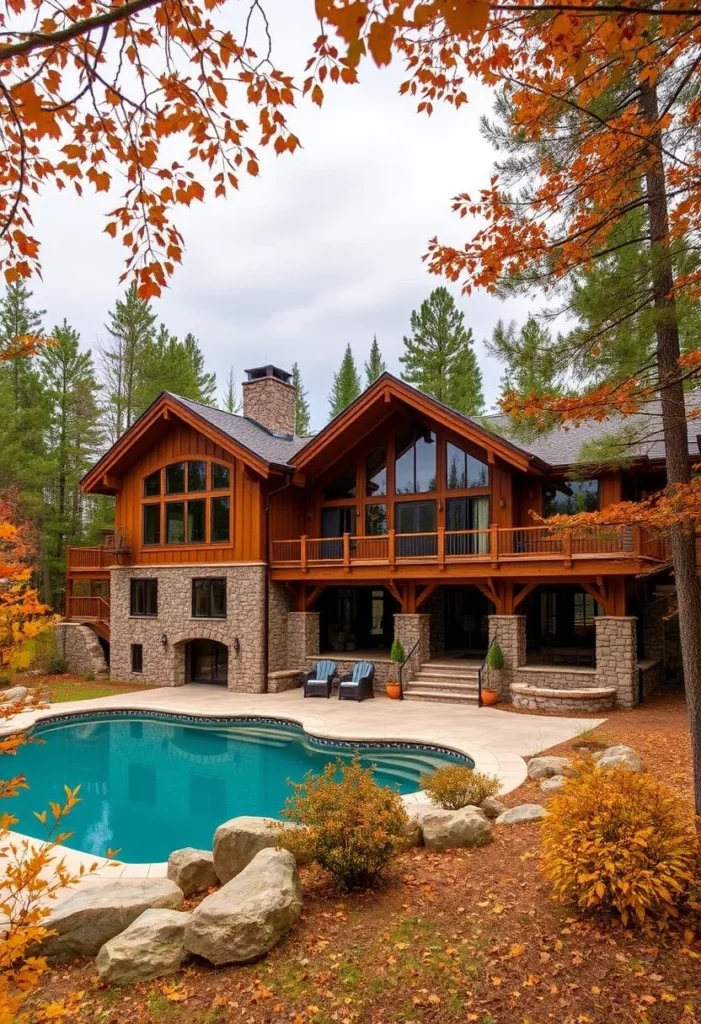 A wooden and stone mountain home with a pool, surrounded by autumn foliage.