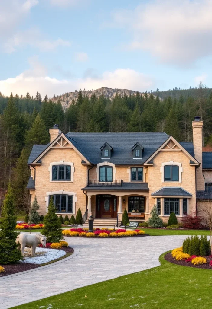 A charming stone mansion with a white bear sculpture in the front yard, surrounded by colorful flowers, neatly manicured hedges, and a tree-filled background with a scenic mountain view.