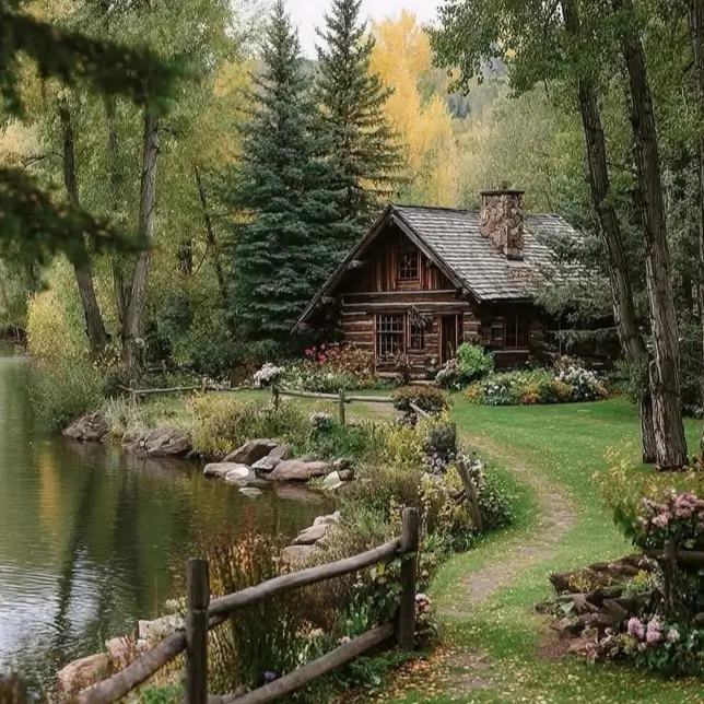 Small Log Cabins: 36 Ideas for Cozy Living & Enduring Charm 36 A small rustic log cabin nestled by a calm river, with a winding path leading along the bank.