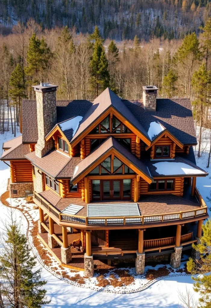 Log home on snowy hillside