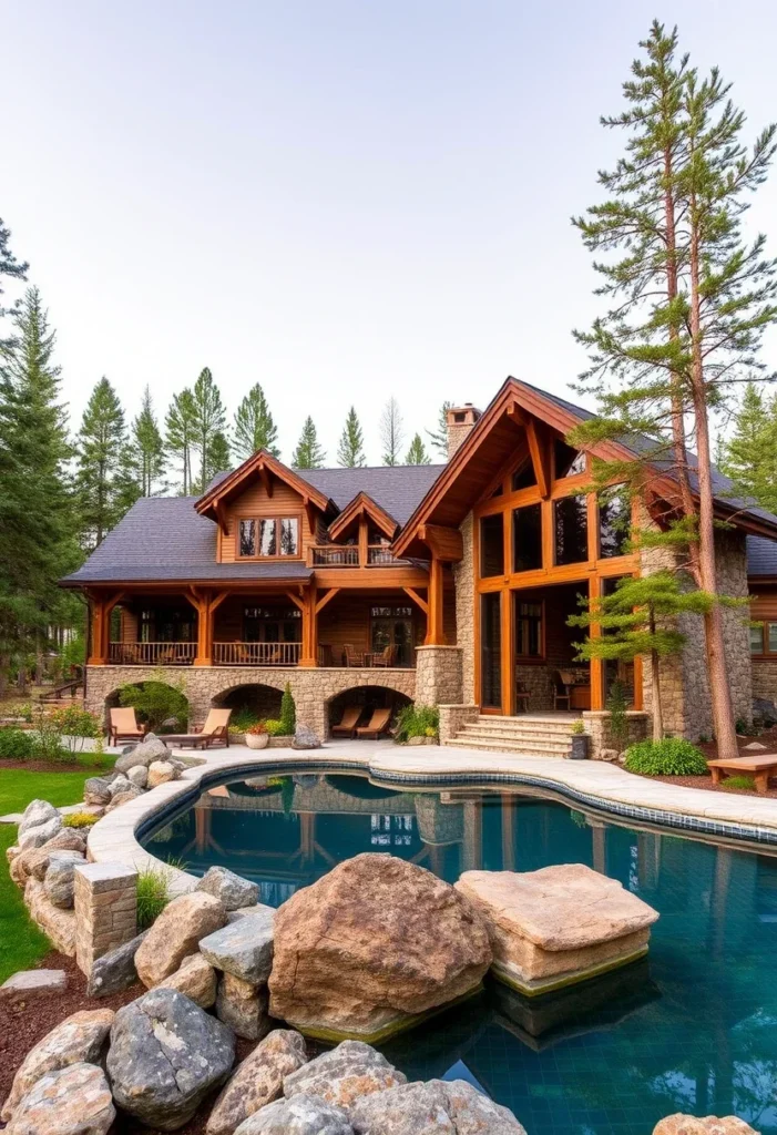 A large wooden and stone mountain home with a curved pool and surrounding trees.