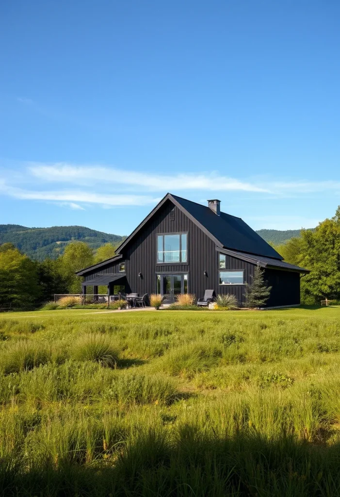 Rustic black cabin surrounded by green grass and stone pathway, with a dramatic mountain backdrop under clear skies.