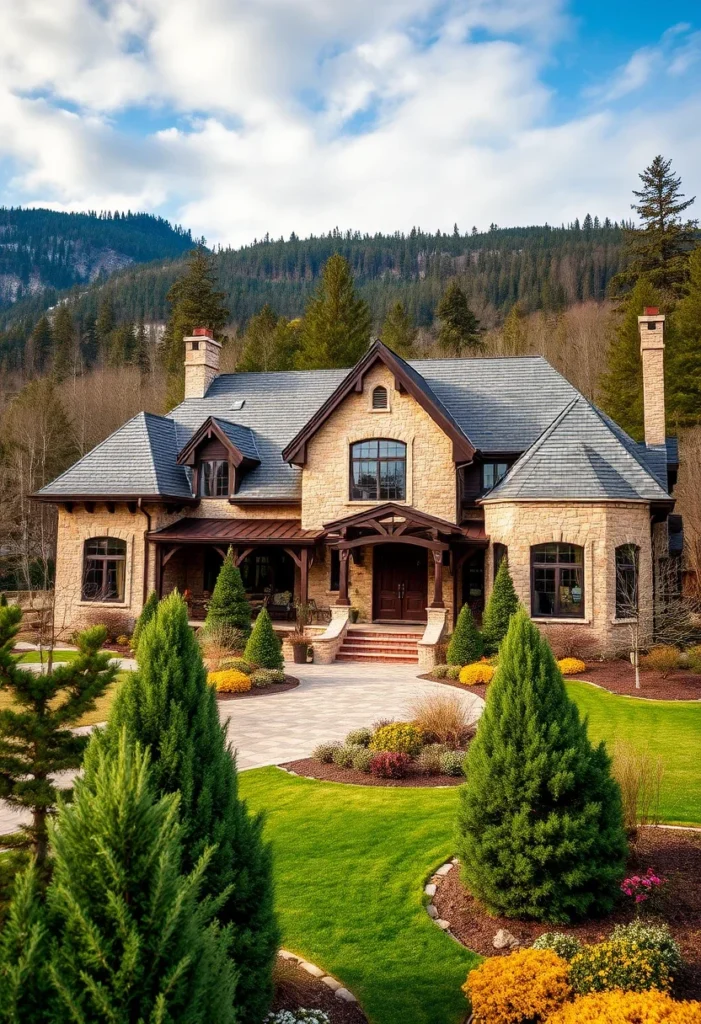 A grand stone mansion surrounded by vibrant green lawns, tall trees, and colorful flower beds, with a large porch and steps leading to the front door. The mountain backdrop adds to the serene and picturesque atmosphere.