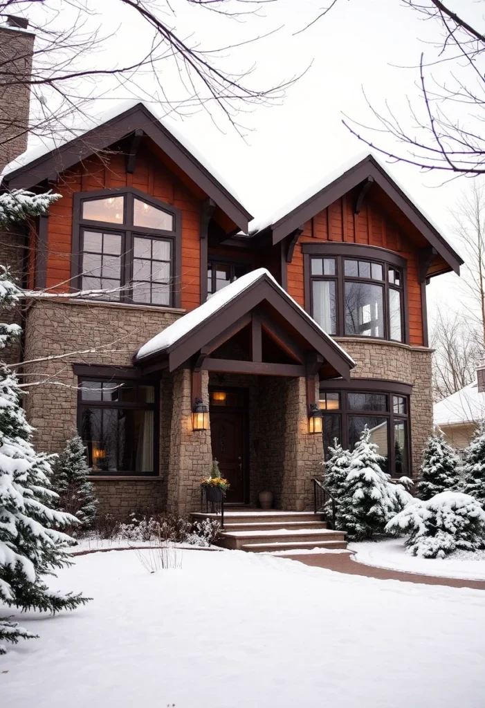 Craftsman house with wood siding in winter