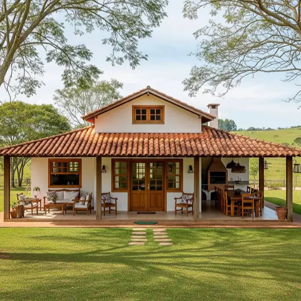 A rustic country house design with a wide covered veranda, terracotta tile roof, and outdoor dining area.
