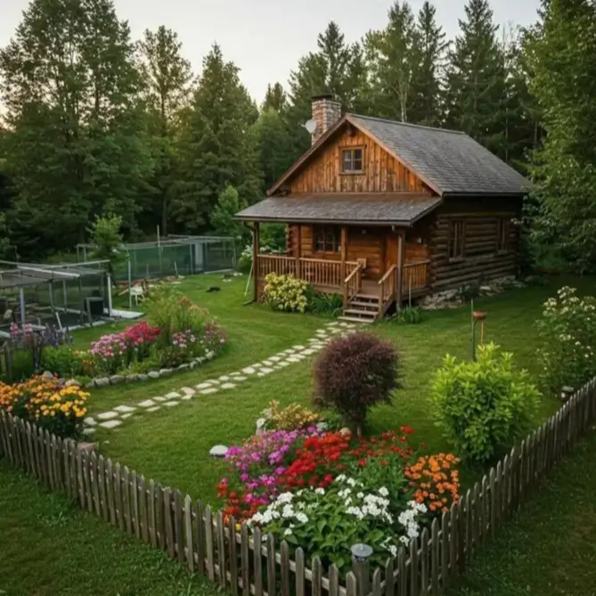 Small Log Cabins: 36 Ideas for Cozy Living & Enduring Charm 37 A small log cabin with a porch, surrounded by a lush garden with colorful flowers and a wooden picket fence.