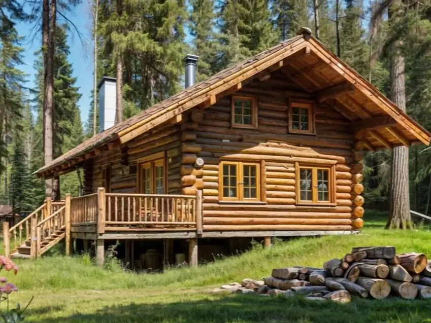 60 Charming Small Log Cabin Ideas to Inspire Your Rustic Retreat 36 A classic small log cabin home with a side porch, set in a grassy clearing with a pile of firewood.