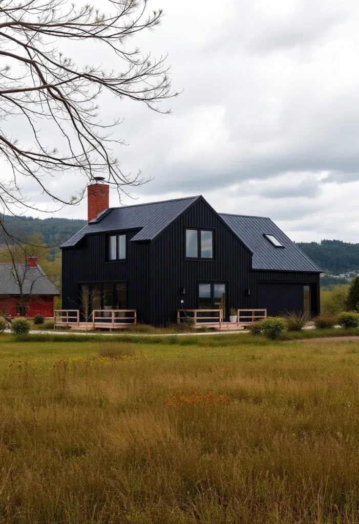 A-frame cabin in black surrounded by lush green fields, offering stunning mountain views and a peaceful, modern atmosphere.