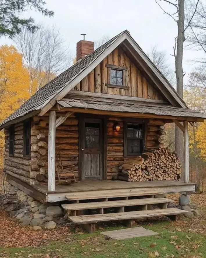 60 Charming Small Log Cabin Ideas to Inspire Your Rustic Retreat 37 A small, rustic log cabin with a stone foundation and firewood stacked on the porch, set in an autumn forest.