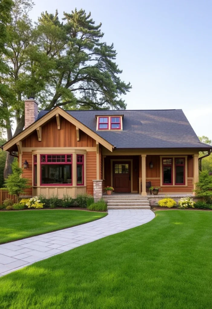 Craftsman bungalow with red window trim