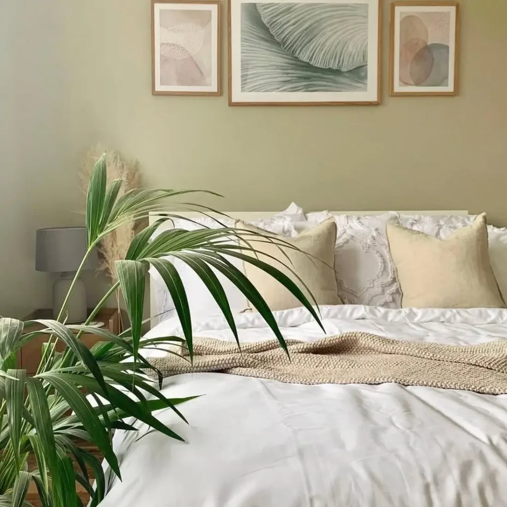 A bed with white linens and a beige throw against a sage green wall, with three abstract art prints hanging above.