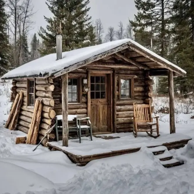 60 Charming Small Log Cabin Ideas to Inspire Your Rustic Retreat 38 A simple and rustic small log cabin covered in snow, with a rocking chair on the porch in a winter forest.