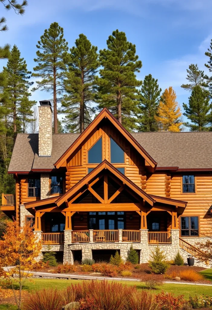 Log home with covered porch in forest