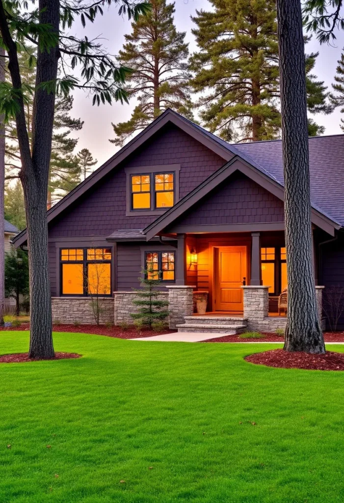 Craftsman house with black roof, stone foundation