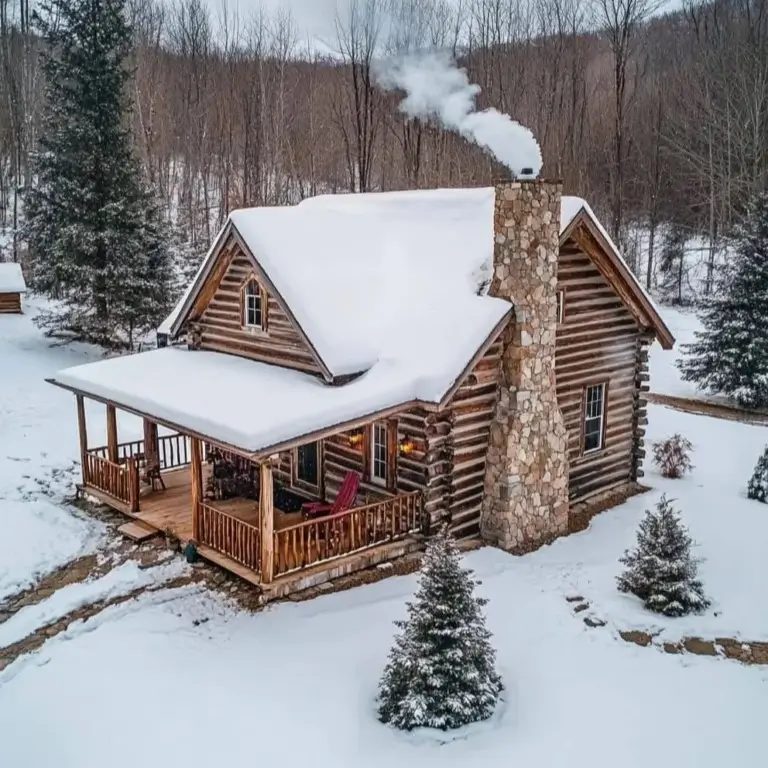 60 Charming Small Log Cabin Ideas to Inspire Your Rustic Retreat 39 An aerial view of a snow-covered small log cabin with a large stone chimney and smoke coming out.