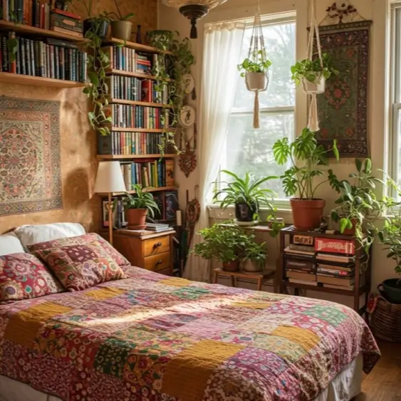 A cozy, eclectic bedroom with a large bookshelf filled with books, a colorful patchwork quilt on the bed, and many plants.