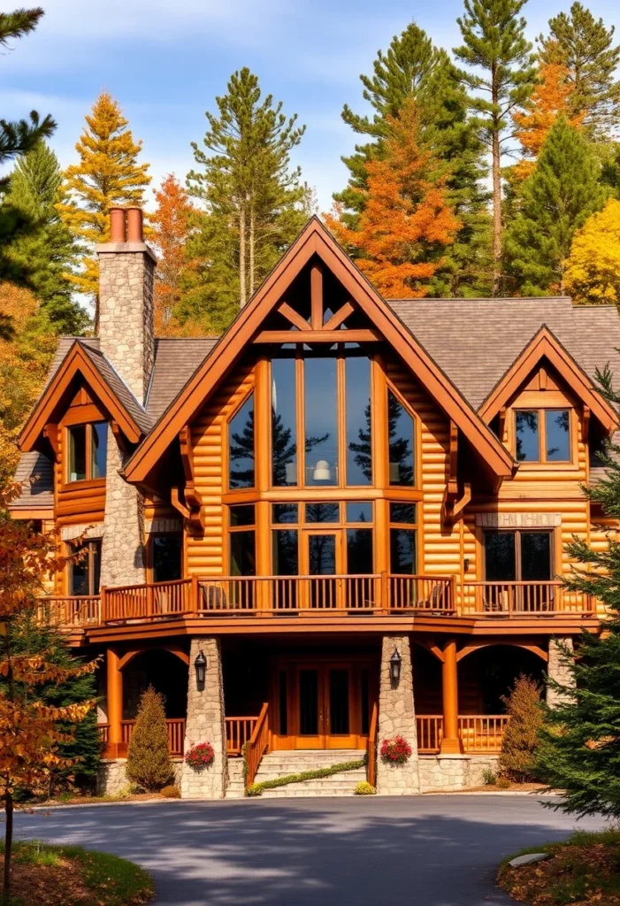 Timber and stone home with autumn foliage