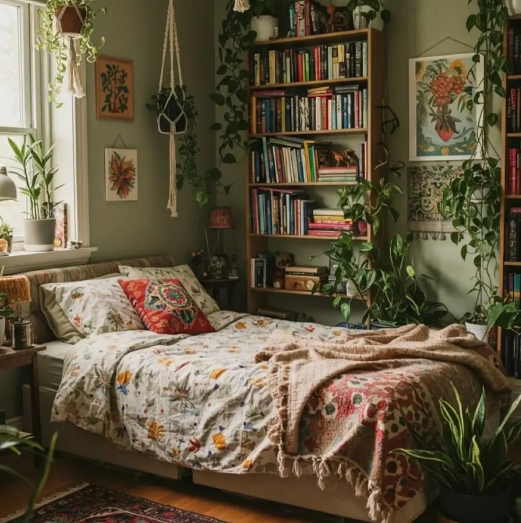 A cozy bedroom with sage green walls, filled with numerous houseplants and a large bookshelf next to the bed.