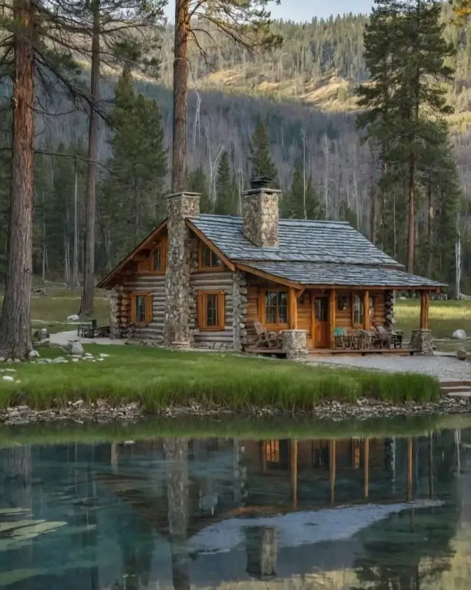60 Charming Small Log Cabin Ideas to Inspire Your Rustic Retreat 40 A small log cabin with two stone chimneys reflected in the clear water of a lake in a forest setting.