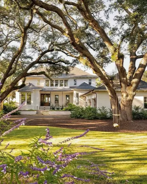 A large white country house design nestled among mature oak trees with a classic tree swing in the yard.