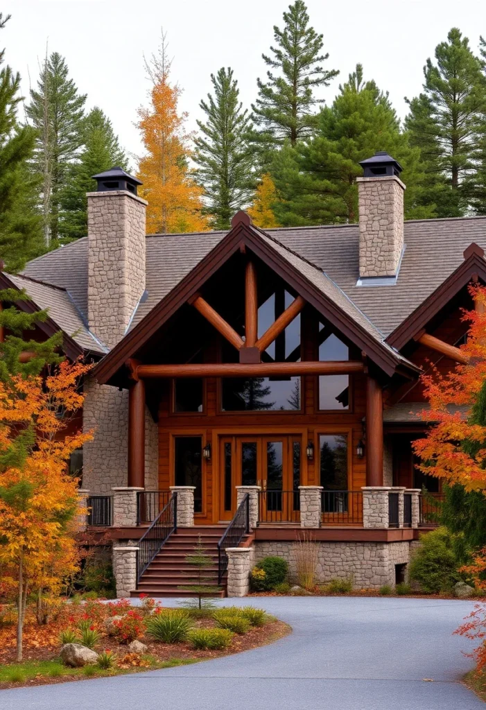 Stone and timber home entrance in autumn