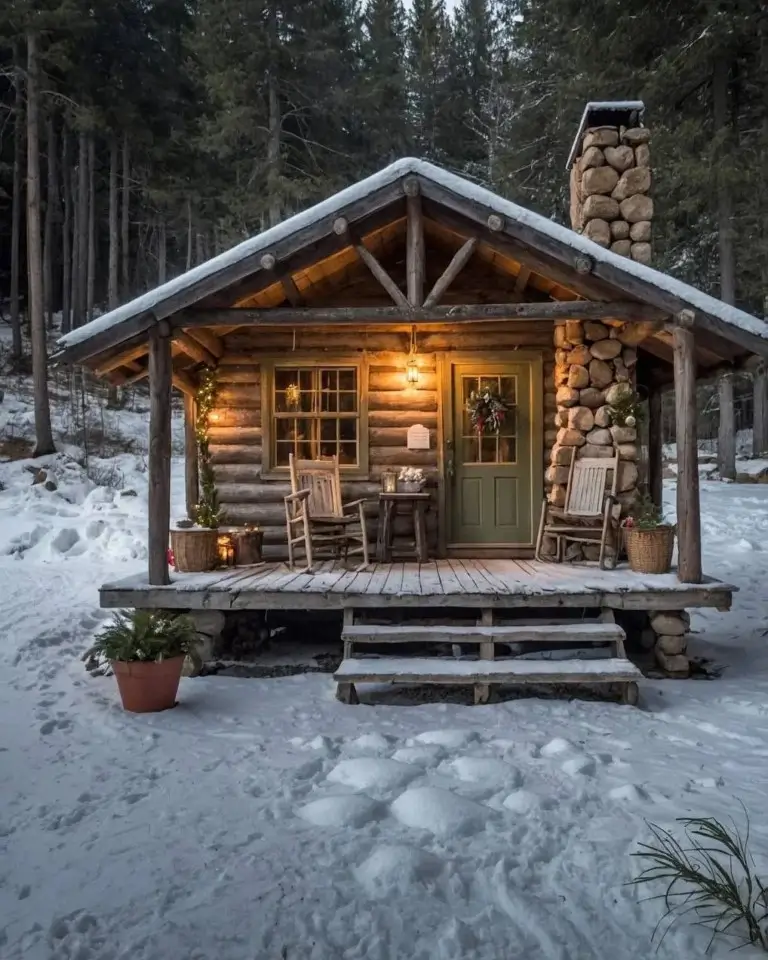 60 Charming Small Log Cabin Ideas to Inspire Your Rustic Retreat 41 A cozy, snow-covered small log cabin with an open-gable porch and a large stone chimney.