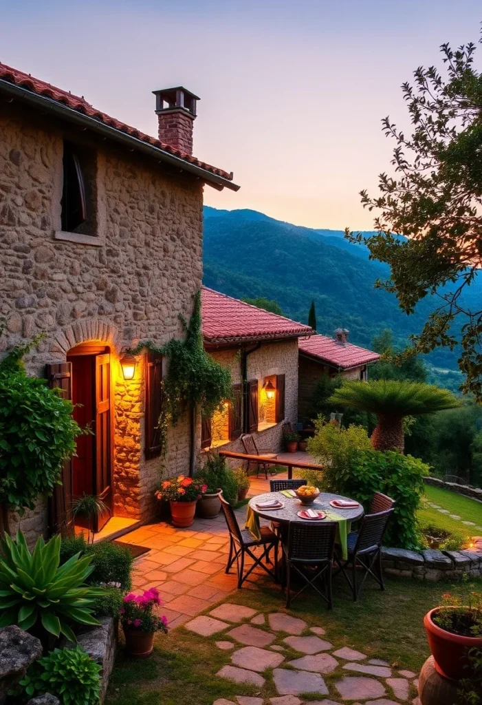 Stone house in the Italian countryside showcasing traditional Tuscan style, illuminated at dusk with a welcoming patio.