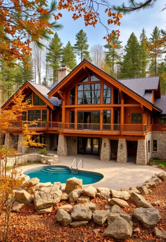 Rear exterior view of a luxury mountain home with a large pool, stone patio, and forested backdrop.