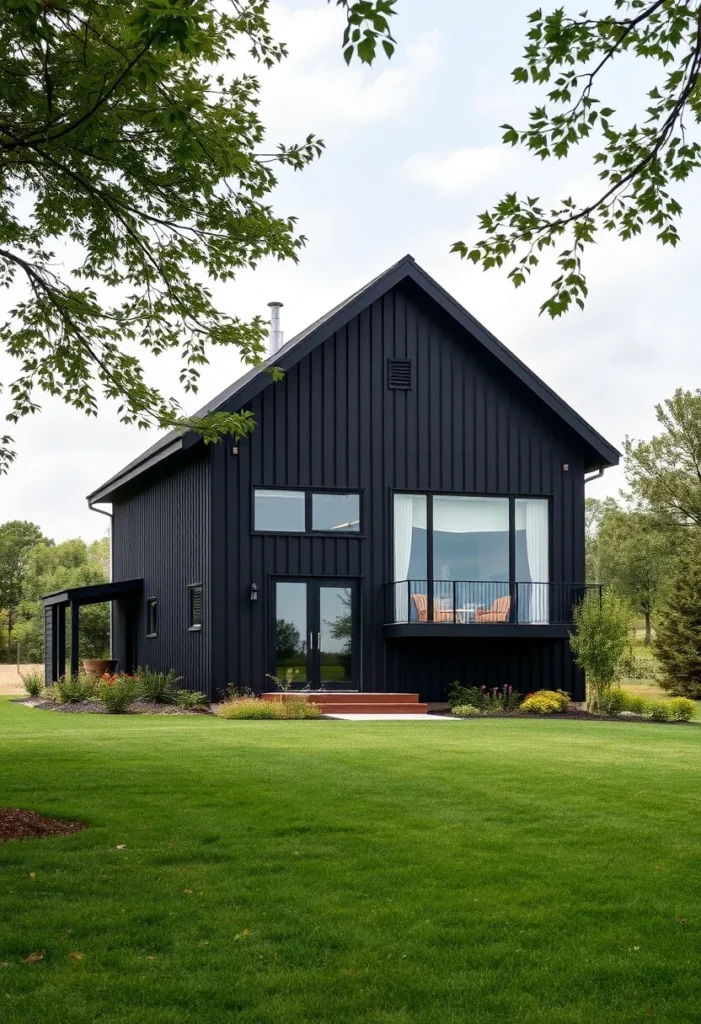 black house surrounded by vibrant greenery and colorful flowers