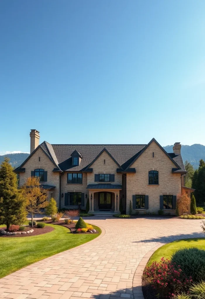 Symmetrical greenery and clean lines accentuate the grandeur of the stone mansion, creating a balanced and inviting front yard.