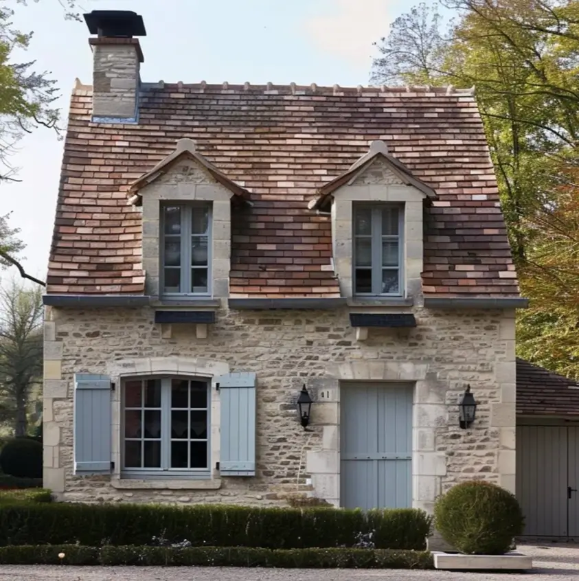 A French-style stone cottage with a terracotta tile roof and blue-gray shutters.