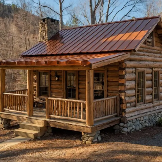 Small Log Cabins: 36 Ideas for Cozy Living & Enduring Charm 7 A small rustic log cabin with a shiny copper metal roof, a covered porch, and a stone foundation.