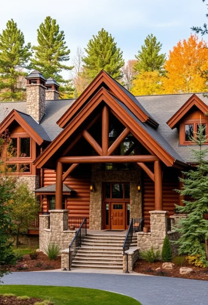 Timber home with covered entryway in forest